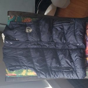 AE S/P HoodedPuffer Vest. Dark Blue with Plaid cotton liner. Faux fur lined hood